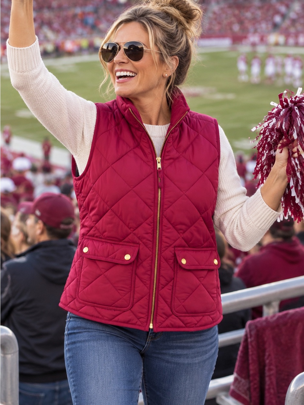 J.Crew XL Quilted Puffer Vest Raspberry Gold Zip Snap Pockets